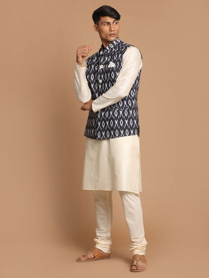 Men's Cream Viscose Straight Jacket  Kurta and Pyjama Set