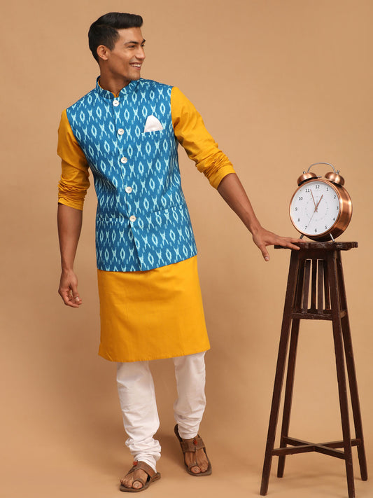 Men's Mustard Cotton Blend Straight Jacket  Kurta and Pyjama Set