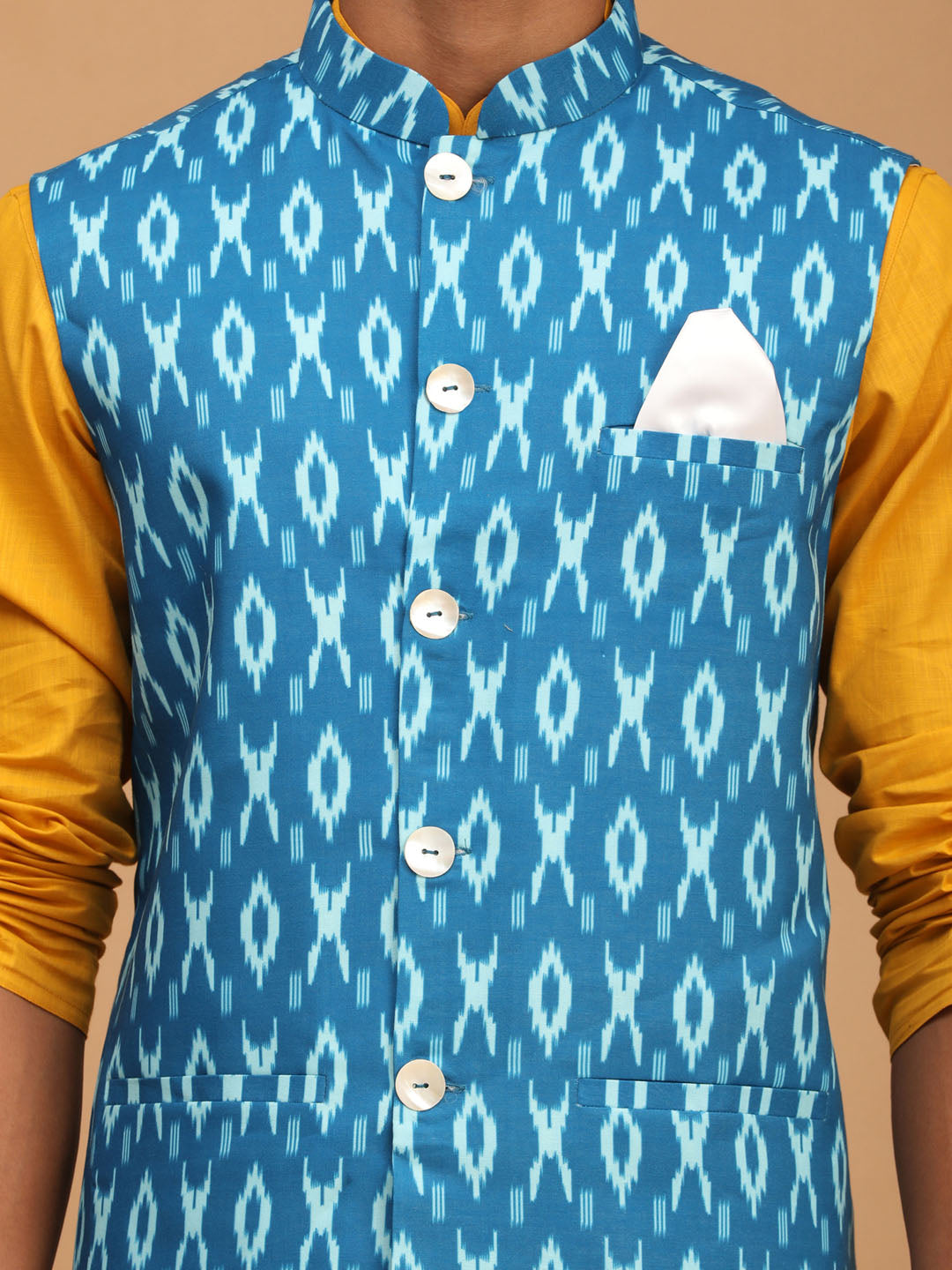 Men's Mustard Cotton Blend Straight Jacket  Kurta and Pyjama Set