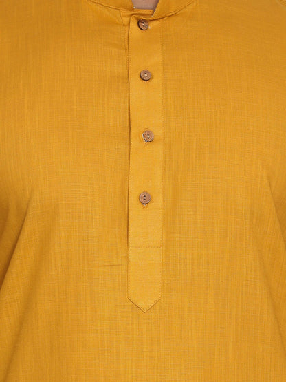 Men's Mustard Cotton Blend Straight Jacket  Kurta and Pyjama Set