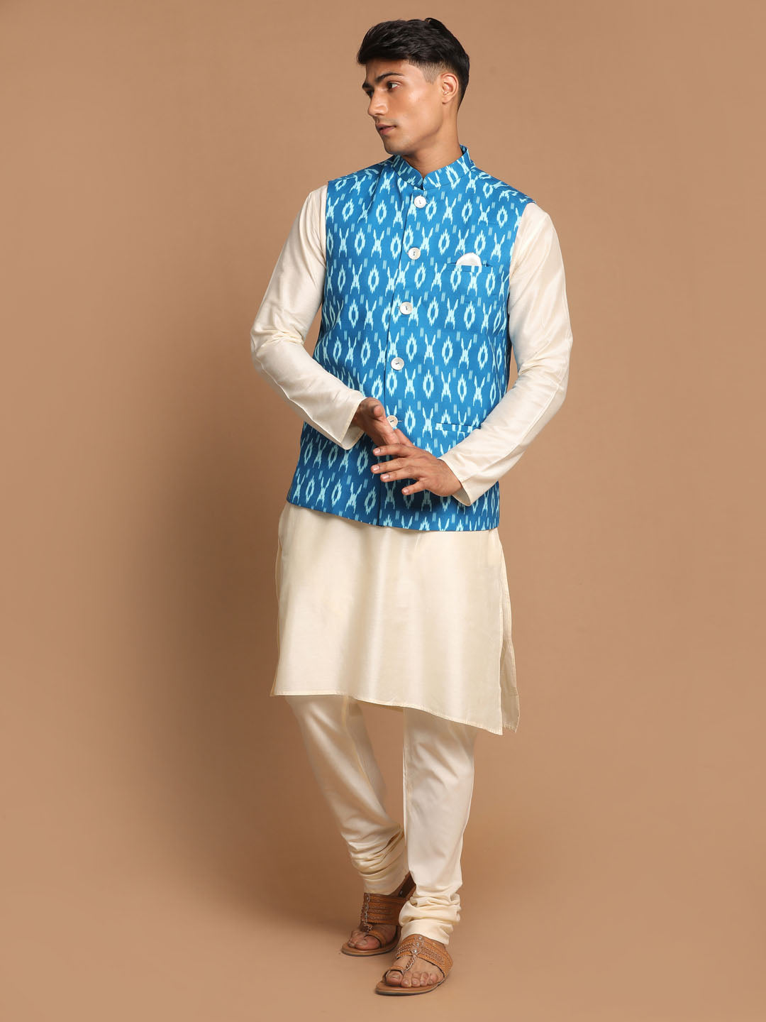 Men's Cream Viscose Straight Jacket  Kurta and Pyjama Set