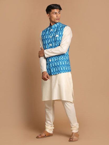 Men's Cream Viscose Straight Jacket  Kurta and Pyjama Set