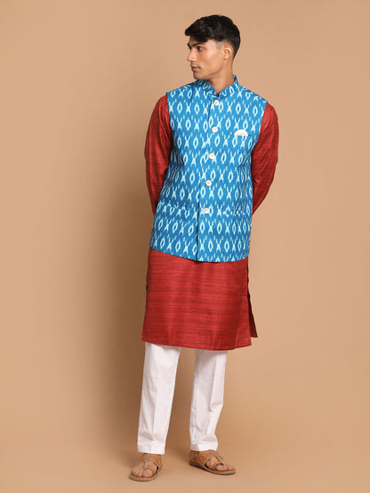 Men's Maroon Cotton Blend Straight Jacket  Kurta and Pyjama Set