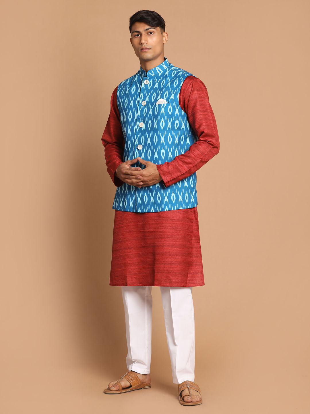 Men's Maroon Cotton Blend Straight Jacket  Kurta and Pyjama Set
