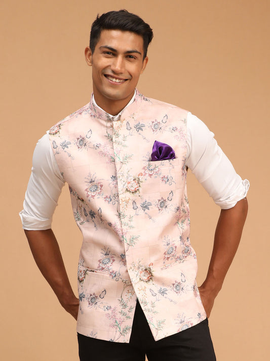 Men's MulticolorBasePeach Cotton Blend Straight Nehru Jacket
