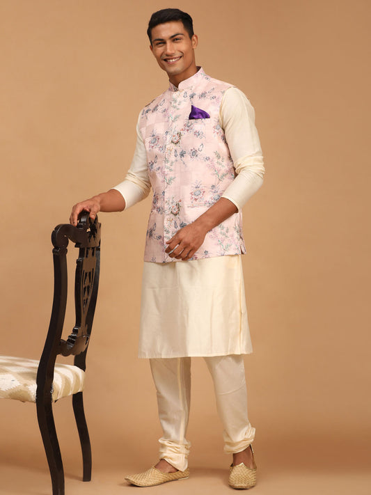 Men's Cream Viscose Straight Jacket  Kurta and Pyjama Set