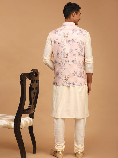 Men's Cream Viscose Straight Jacket  Kurta and Pyjama Set