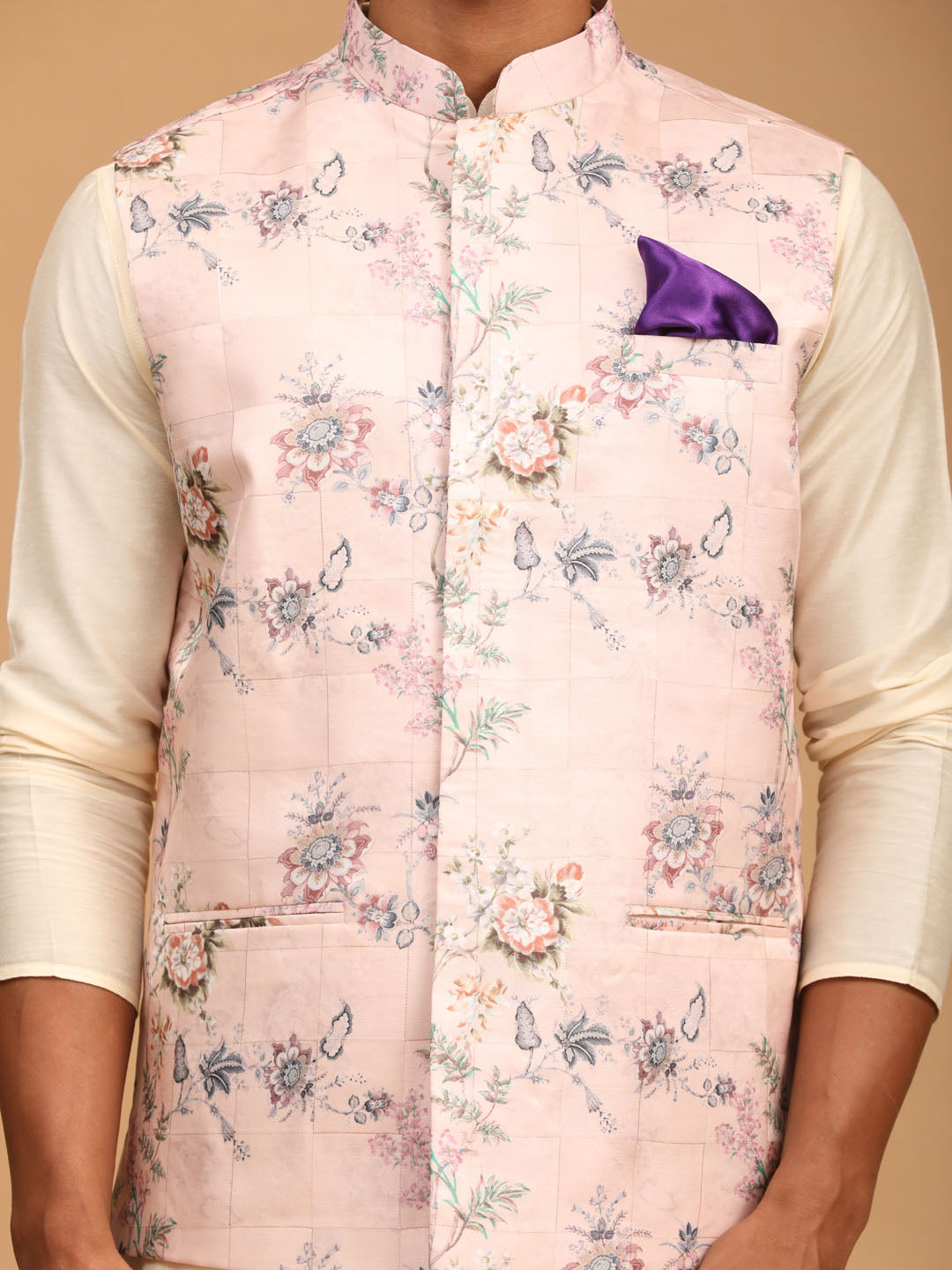 Men's Cream Viscose Straight Jacket  Kurta and Pyjama Set