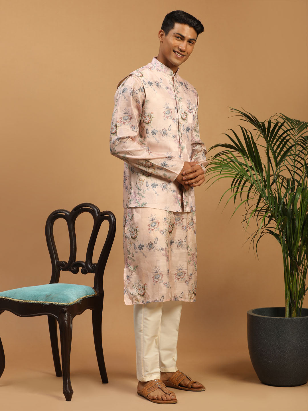 Men's MulticolorBasePeach Cotton Blend Straight Jacket  Kurta and Pyjama Set