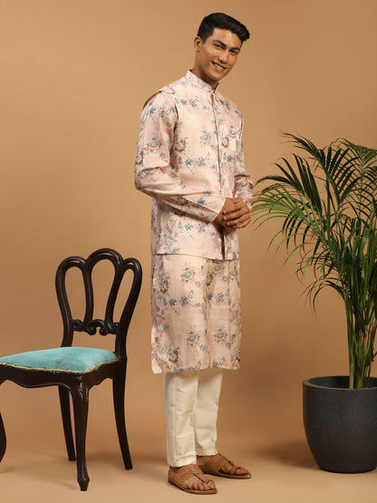 Men's MulticolorBasePeach Cotton Blend Straight Jacket  Kurta and Pyjama Set