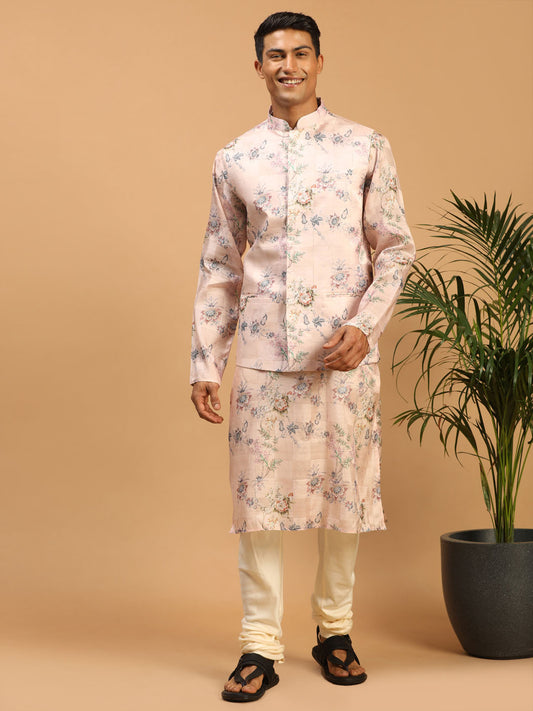 Men's MulticolorBasePeach Cotton Blend Straight Jacket  Kurta and Pyjama Set