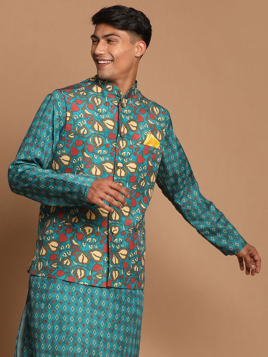 Men's Green Cotton Blend Straight Nehru Jacket