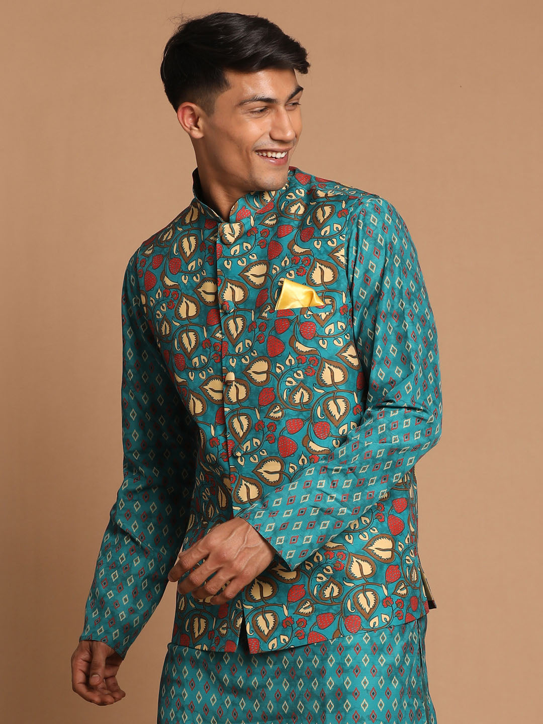 Men's Green Cotton Blend Straight Nehru Jacket