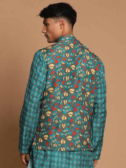 Men's Green Cotton Blend Straight Nehru Jacket