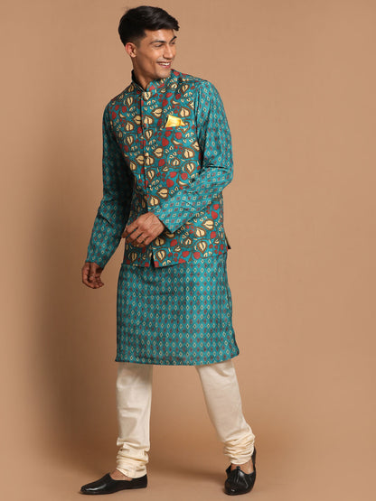 Men's Green Cotton Blend Straight Jacket  Kurta and Pyjama Set