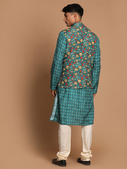 Men's Green Cotton Blend Straight Jacket  Kurta and Pyjama Set