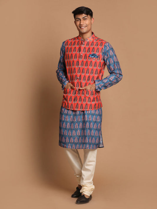 Men's Green Cotton Blend Straight Jacket  Kurta and Pyjama Set
