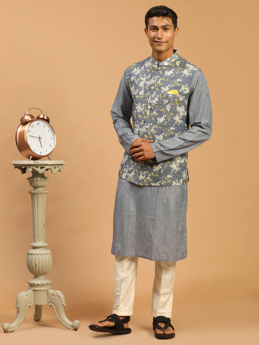 Men's Grey Cotton Blend Straight Jacket  Kurta and Pyjama Set