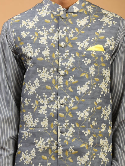 Men's Grey Cotton Blend Straight Jacket  Kurta and Pyjama Set