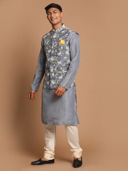 Men's Grey Cotton Blend Straight Jacket  Kurta and Pyjama Set