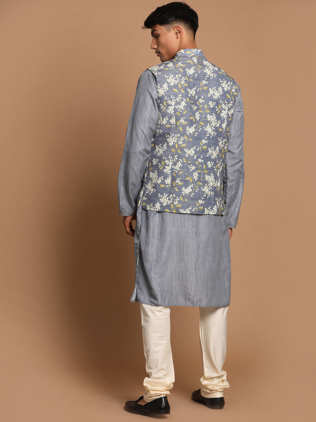 Men's Grey Cotton Blend Straight Jacket  Kurta and Pyjama Set