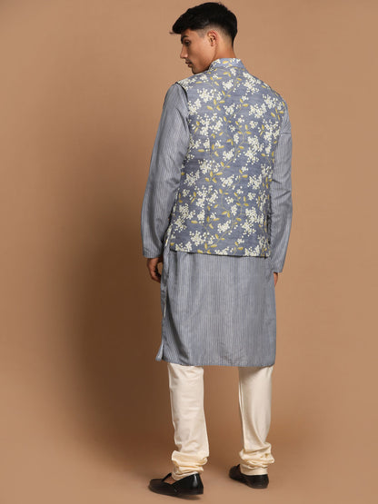 Men's Grey Cotton Blend Straight Jacket  Kurta and Pyjama Set