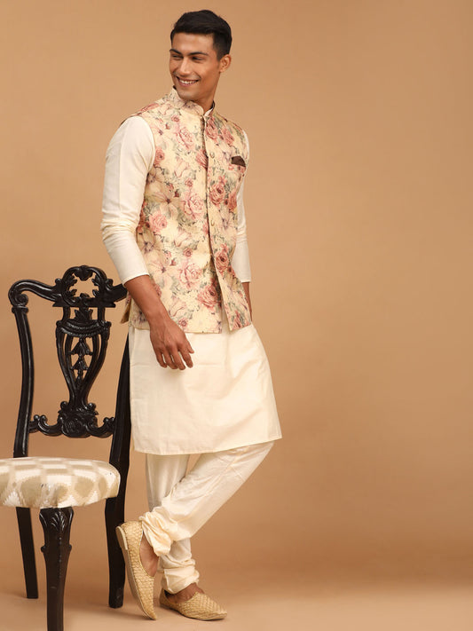 Men's Cream Viscose Straight Jacket  Kurta and Pyjama Set