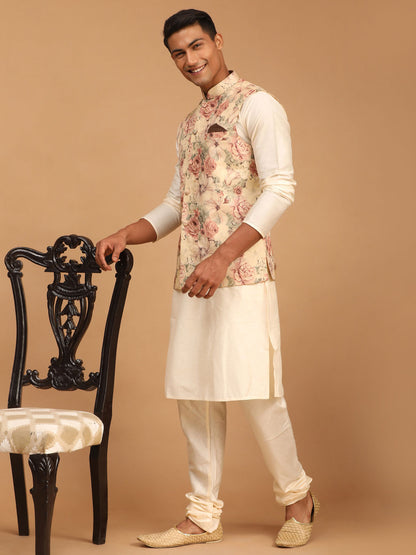 Men's Cream Viscose Straight Jacket  Kurta and Pyjama Set