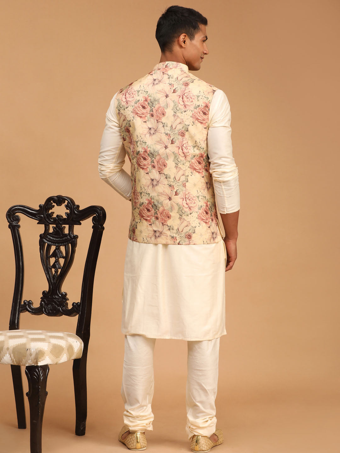 Men's Cream Viscose Straight Jacket  Kurta and Pyjama Set