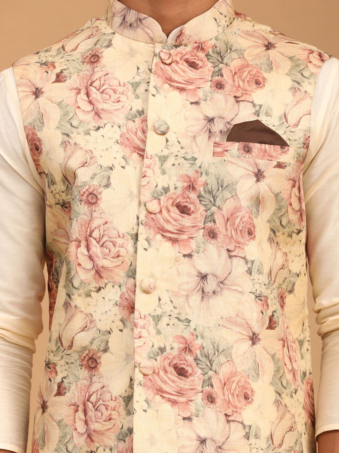 Men's Cream Viscose Straight Jacket  Kurta and Pyjama Set