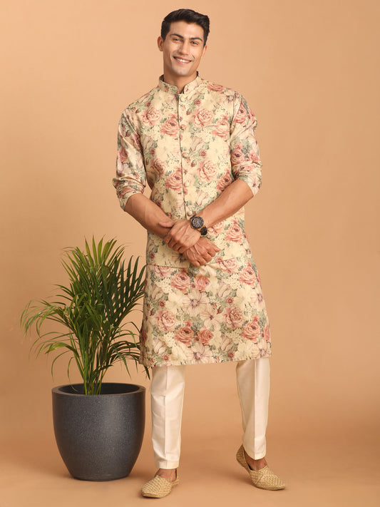 Men's Multicolor Cream Base Silk Blend Straight Jacket  Kurta and Pyjama Set