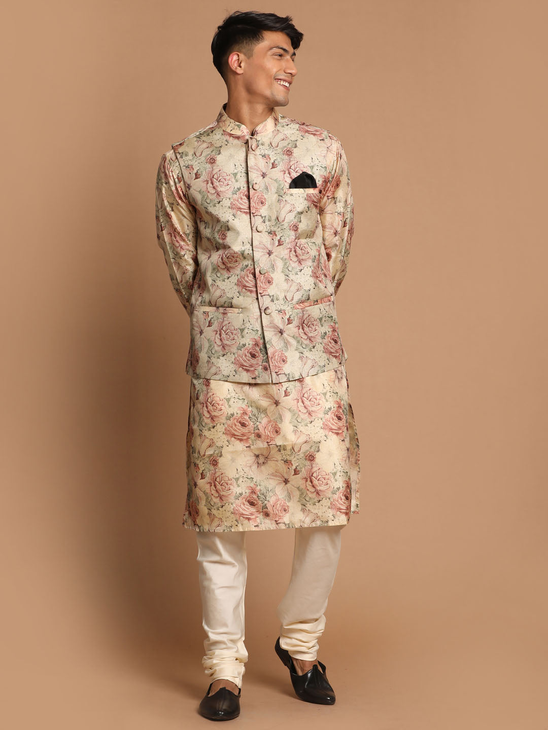 Men's Brown Silk Blend Straight Jacket  Kurta and Pyjama Set