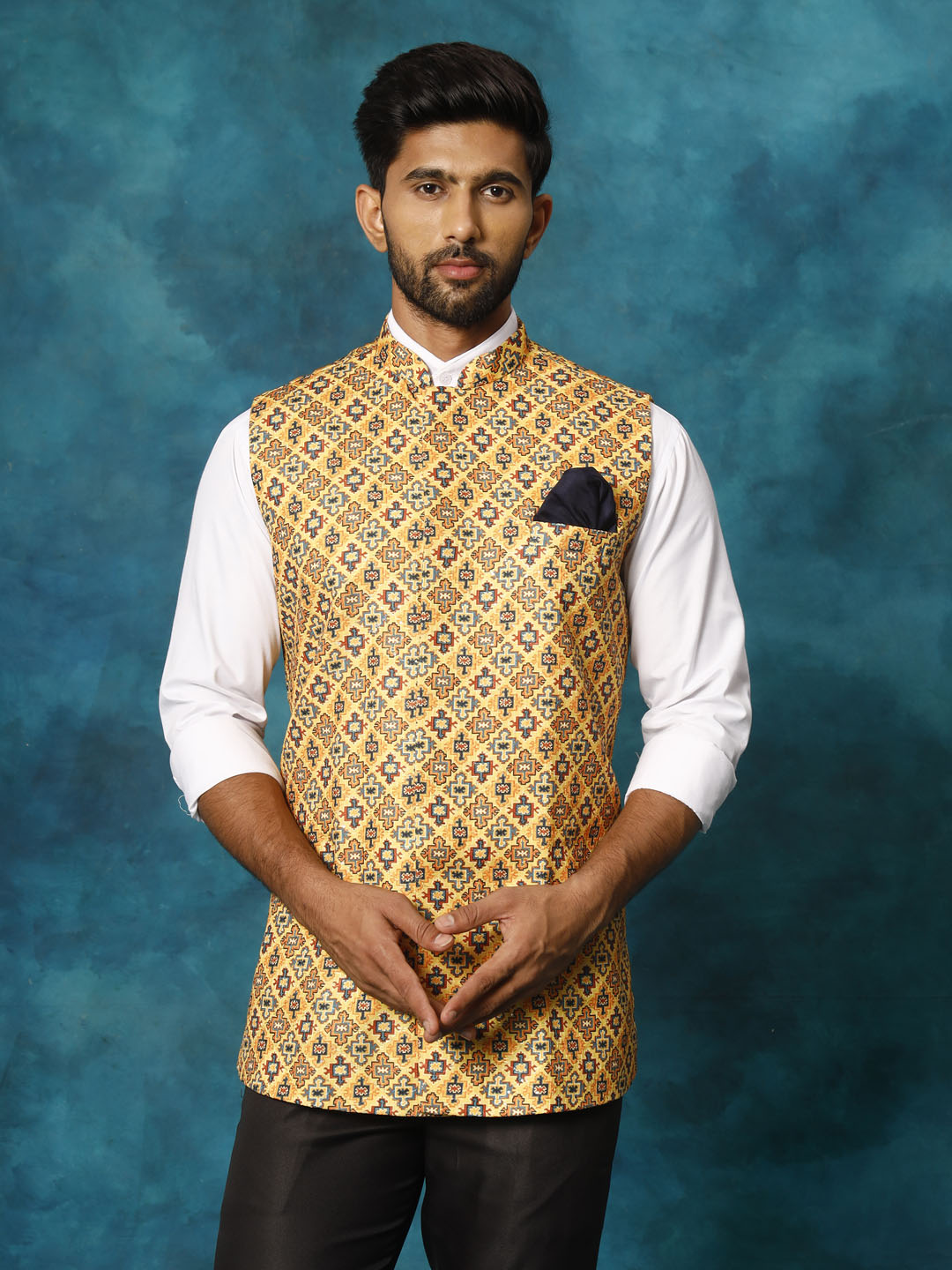 Men's Mustard Yellow Cotton Blend Straight Nehru Jacket