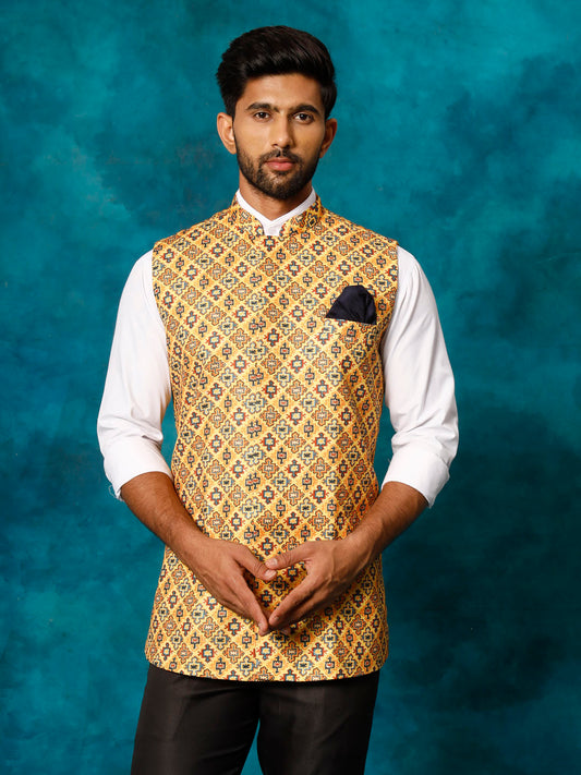 Men's Mustard Yellow Cotton Blend Straight Nehru Jacket