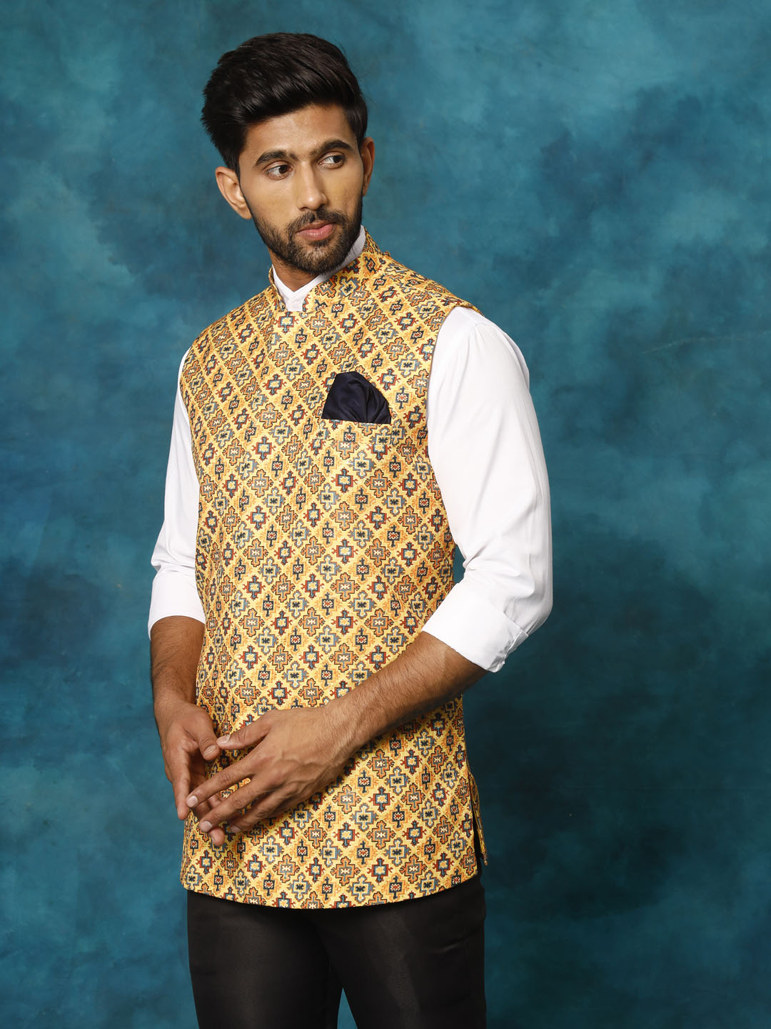 Men's Mustard Yellow Cotton Blend Straight Nehru Jacket