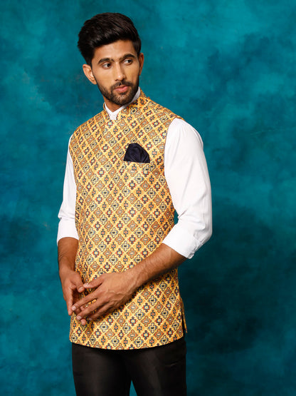 Men's Mustard Yellow Cotton Blend Straight Nehru Jacket