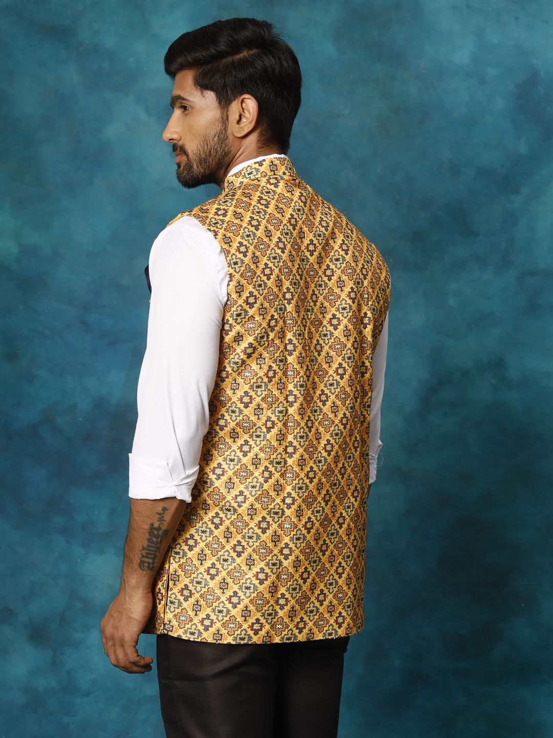 Men's Mustard Yellow Cotton Blend Straight Nehru Jacket