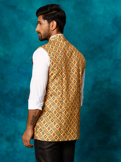 Men's Mustard Yellow Cotton Blend Straight Nehru Jacket