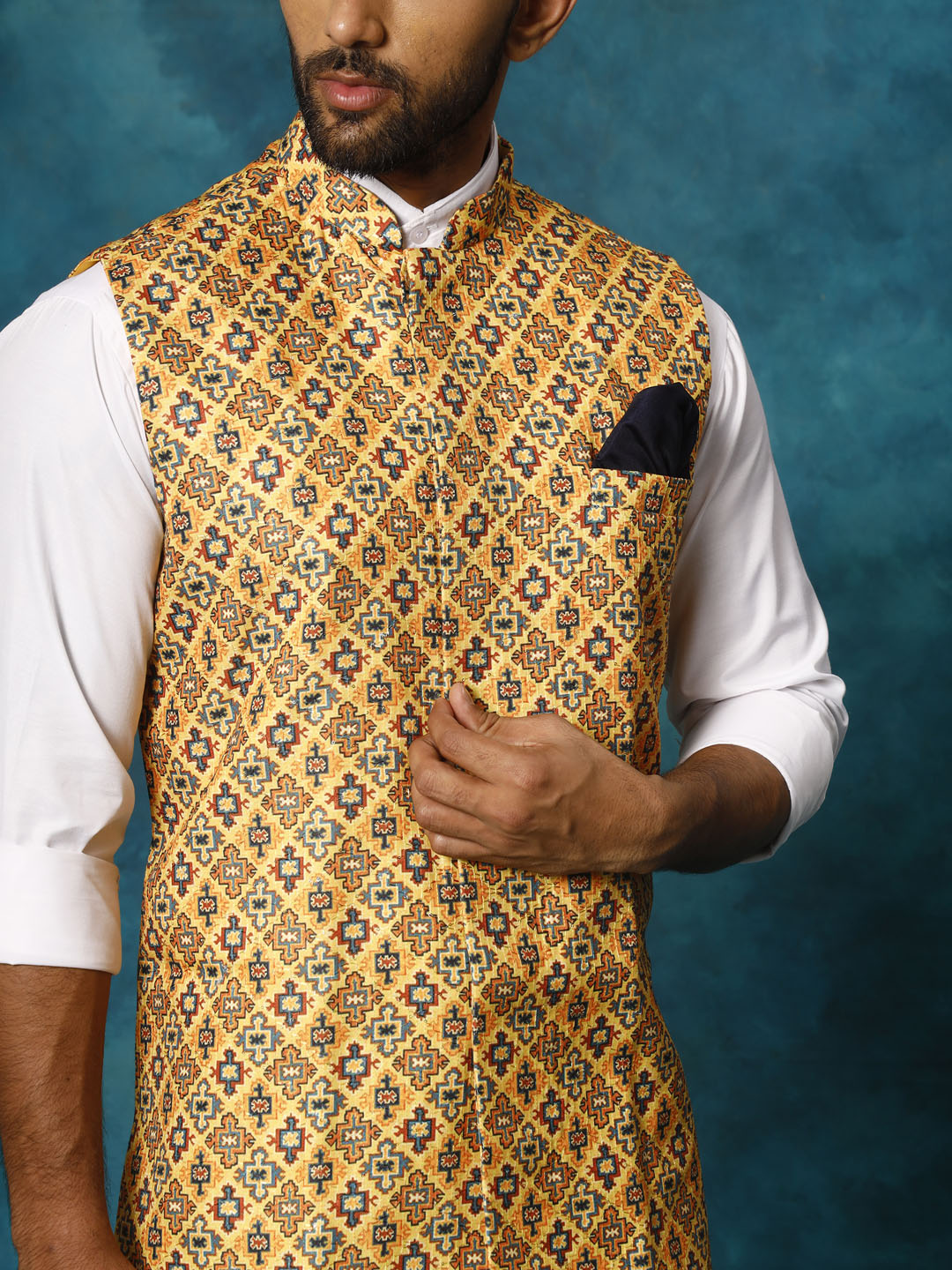 Men's Mustard Yellow Cotton Blend Straight Nehru Jacket