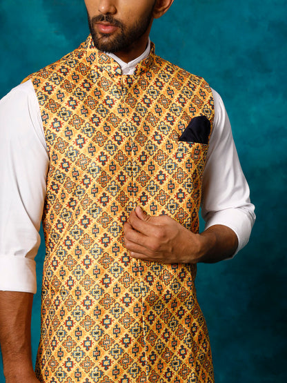 Men's Mustard Yellow Cotton Blend Straight Nehru Jacket