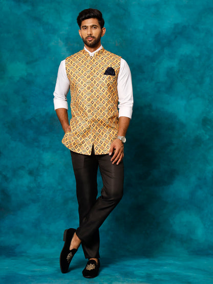 Men's Mustard Yellow Cotton Blend Straight Nehru Jacket