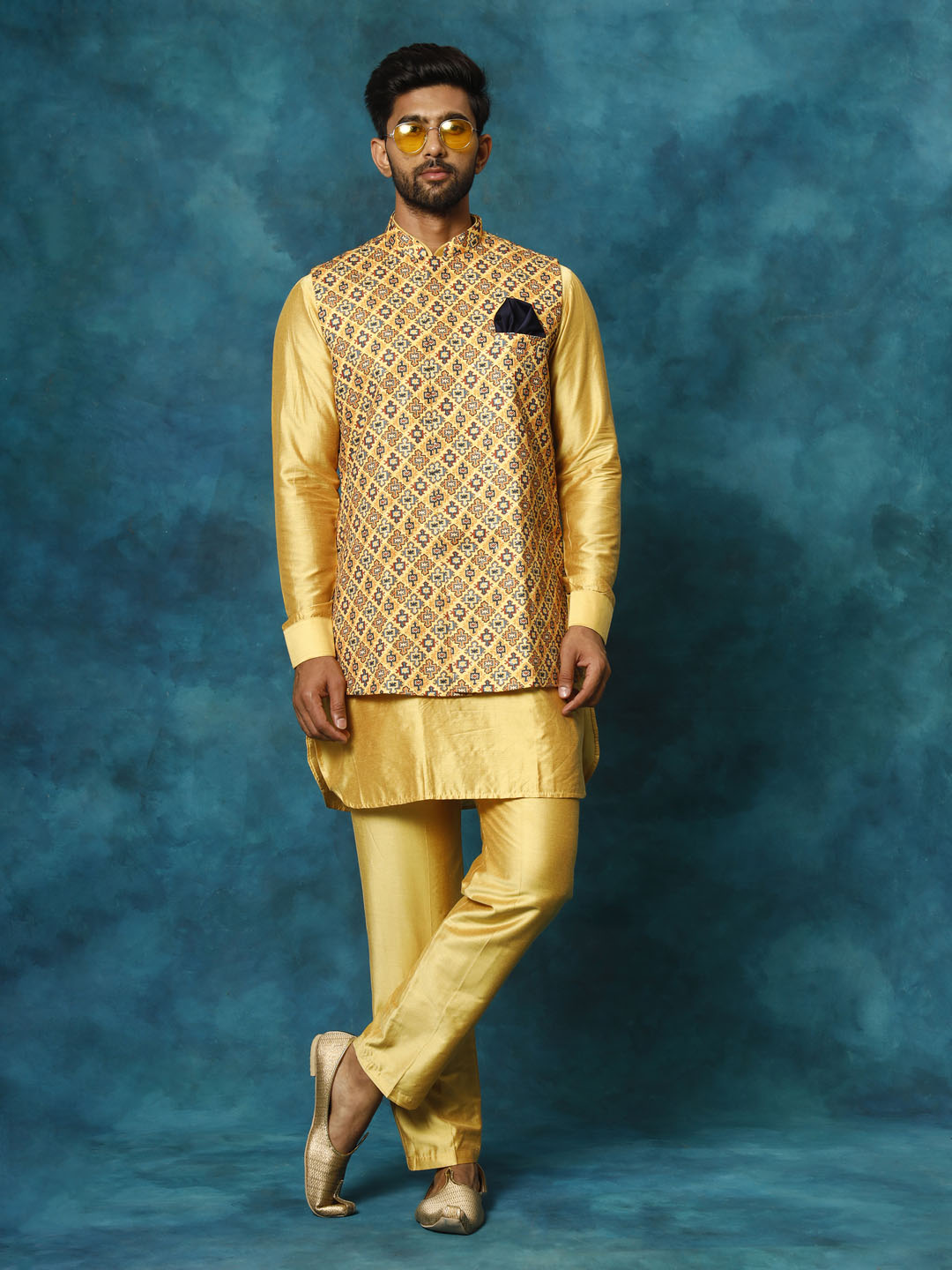Men's Mustard Viscose Straight Jacket  Kurta and Pyjama Set