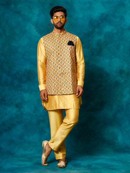 Men's Mustard Viscose Straight Jacket  Kurta and Pyjama Set