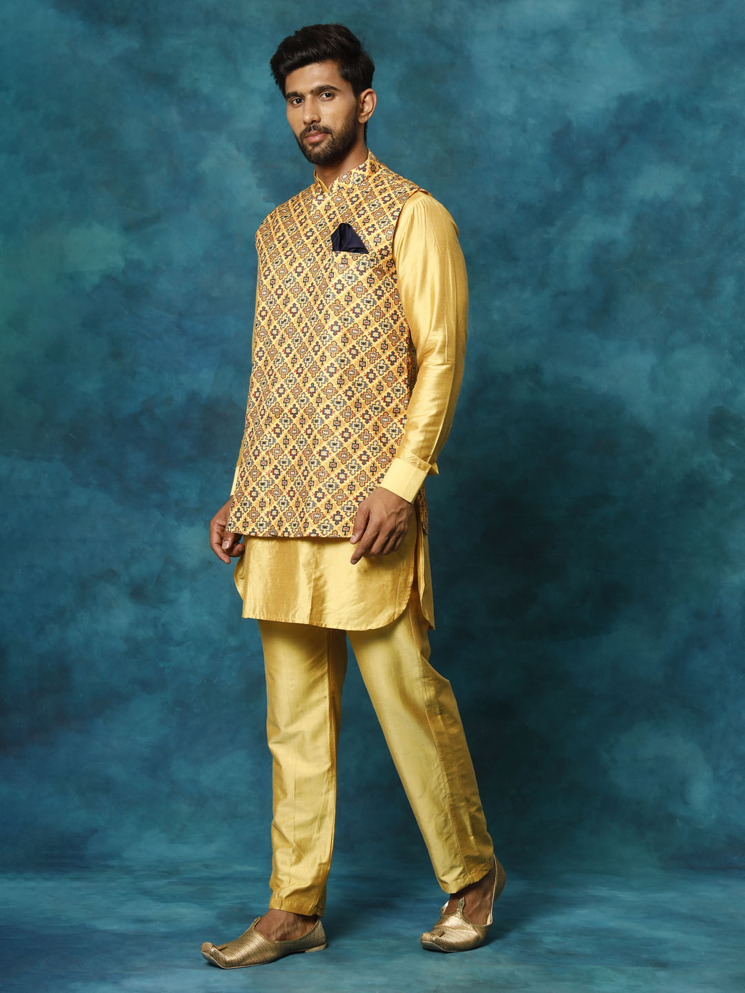Men's Mustard Viscose Straight Jacket  Kurta and Pyjama Set