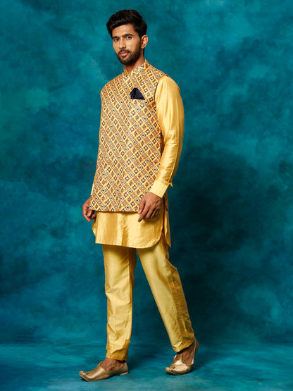Men's Mustard Viscose Straight Jacket  Kurta and Pyjama Set