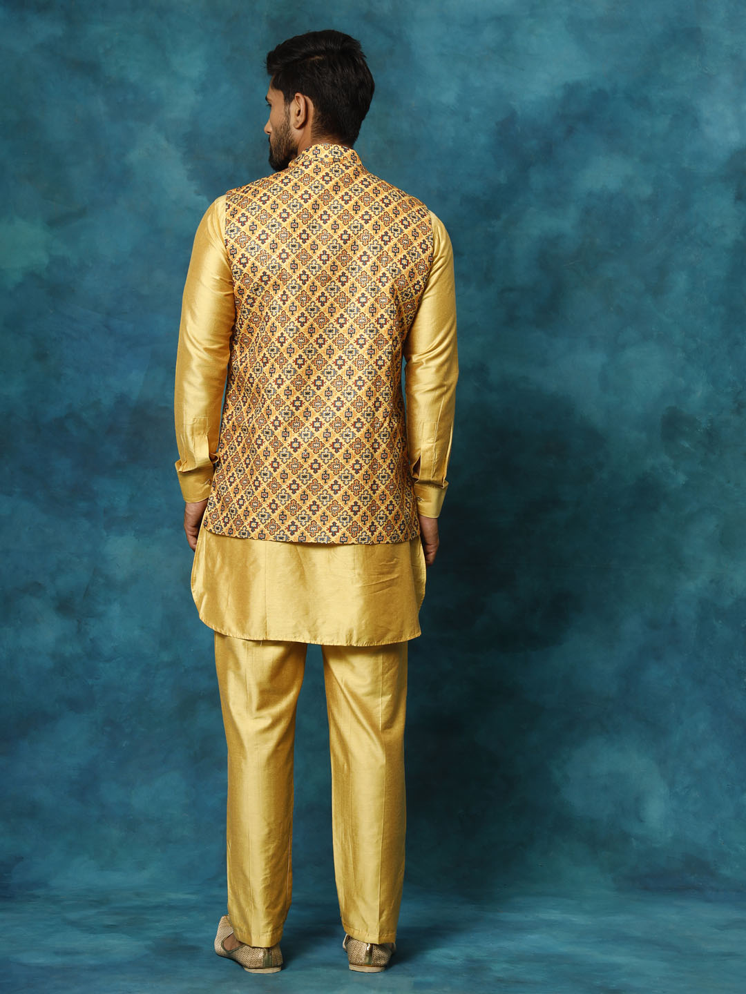 Men's Mustard Viscose Straight Jacket  Kurta and Pyjama Set