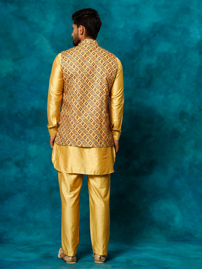 Men's Mustard Viscose Straight Jacket  Kurta and Pyjama Set