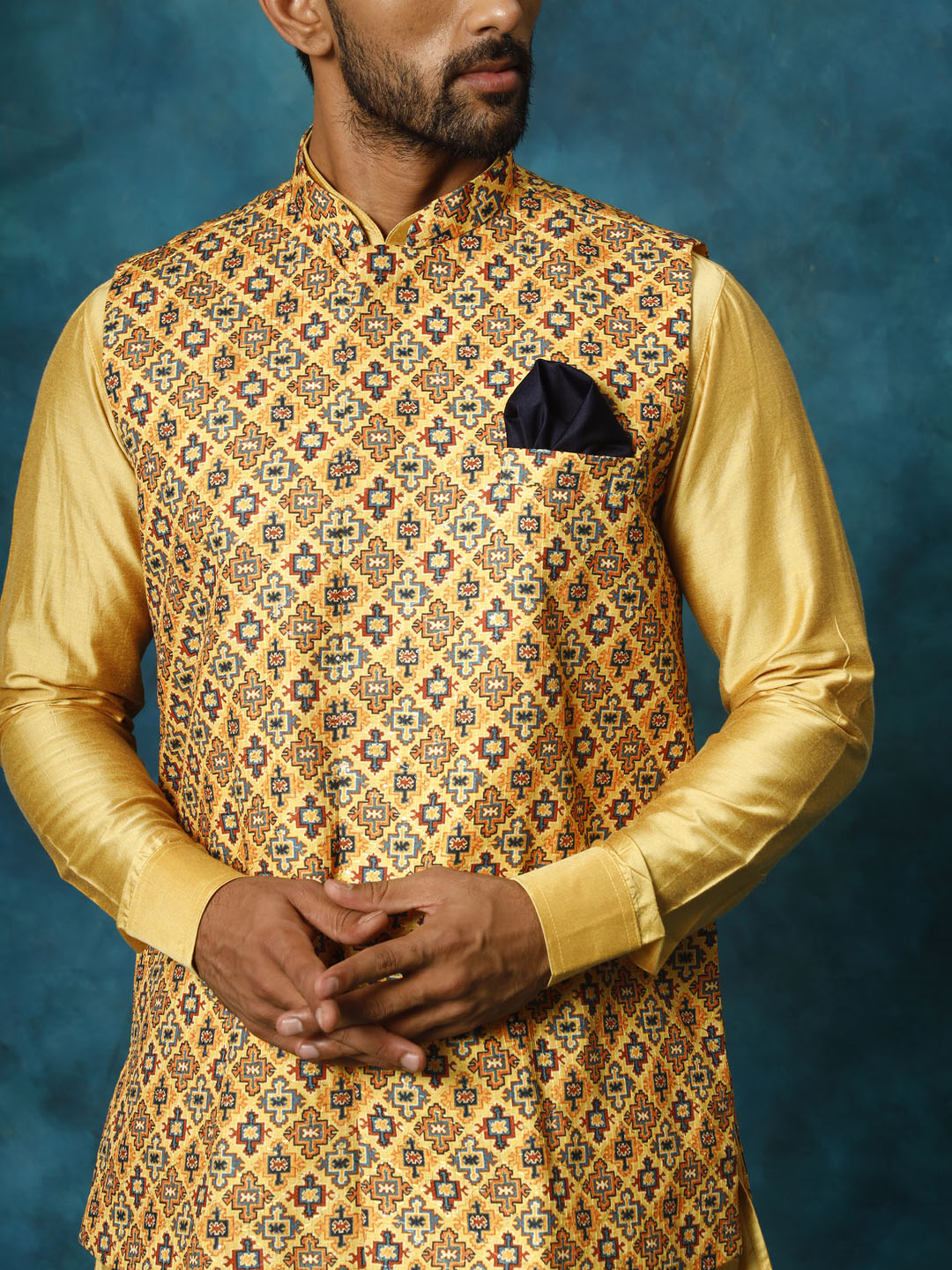Men's Mustard Viscose Straight Jacket  Kurta and Pyjama Set