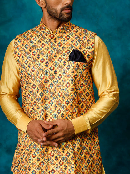 Men's Mustard Viscose Straight Jacket  Kurta and Pyjama Set