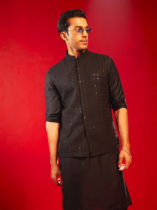 Men's Black Rayon Straight Nehru Jacket